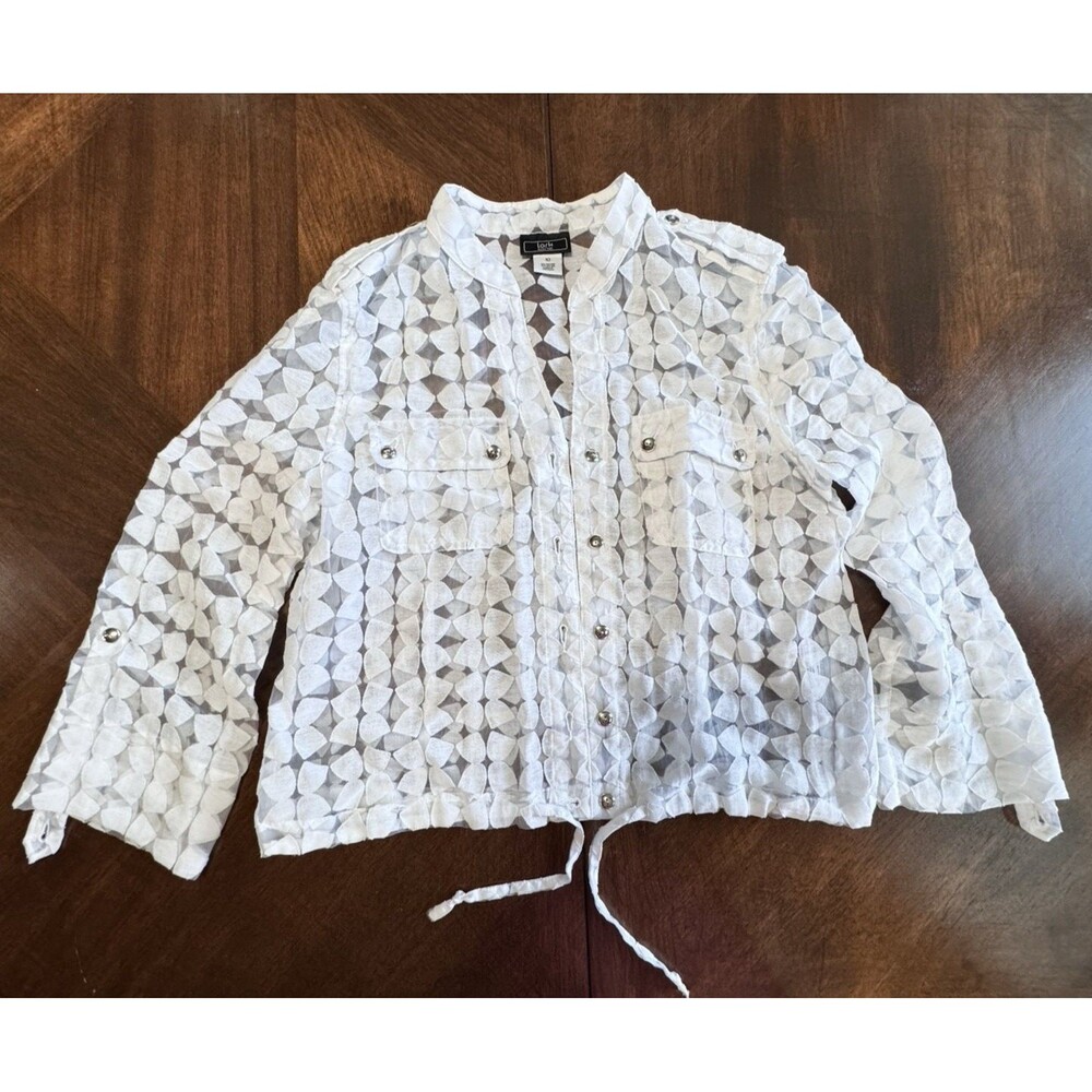 Lark Lane Sheer Floral Cardigan Jacket Blouse Women's 10 Button Up White